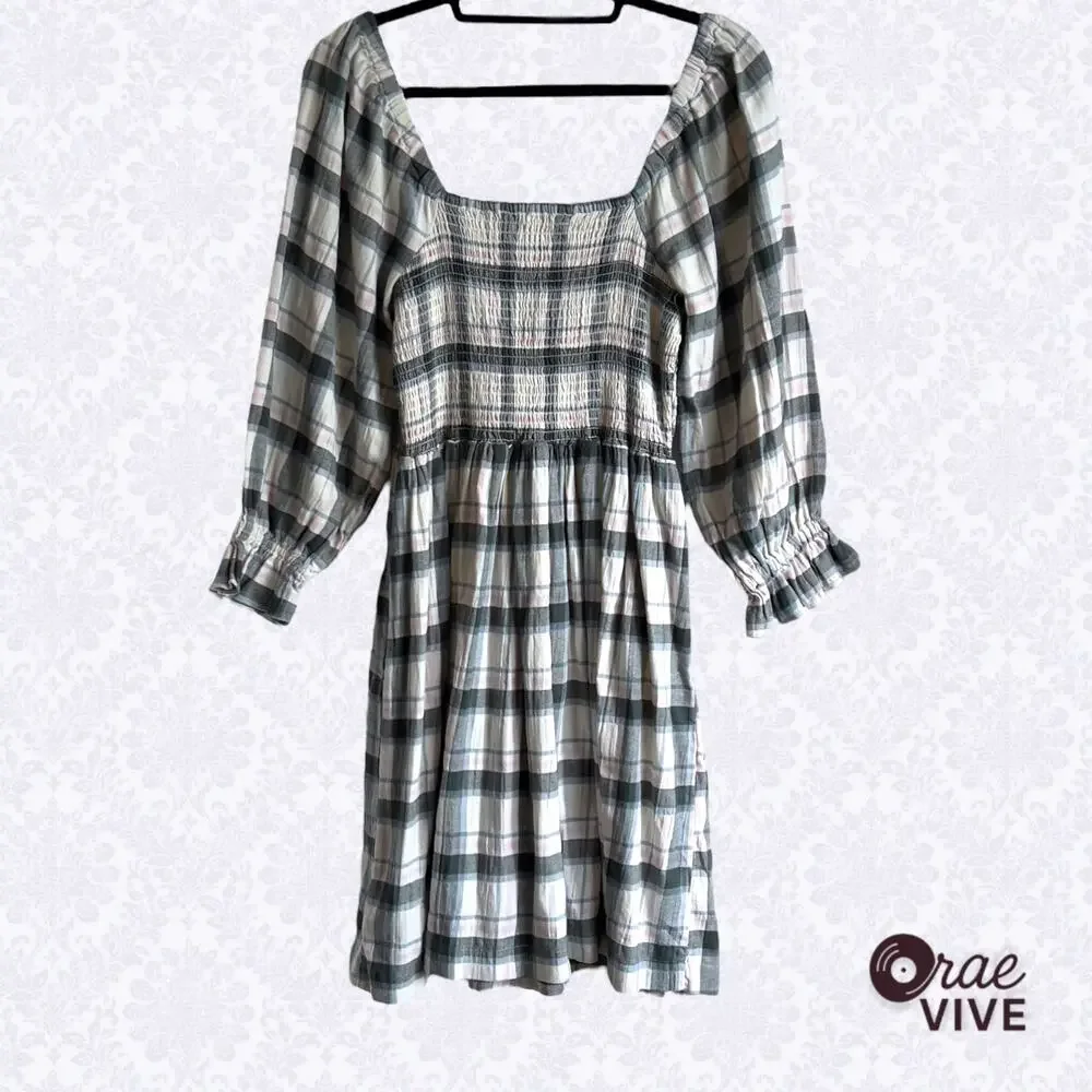 Madewell Lucie Elbow-Sleeve Smocked Mini Dress in Lebaum Plaid Size Medium